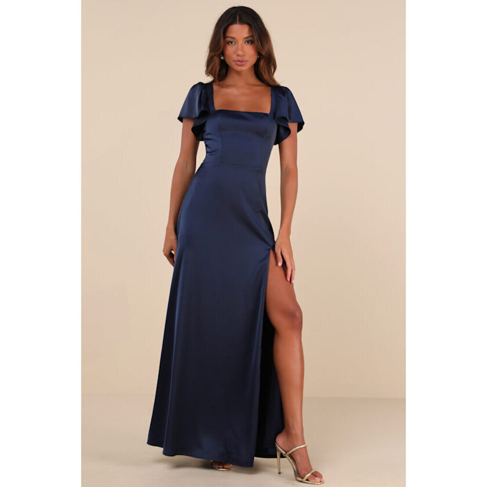 Lulus Ultimate Sweetness Navy Blue Satin Flutter Sleeve Maxi Dress - Size L